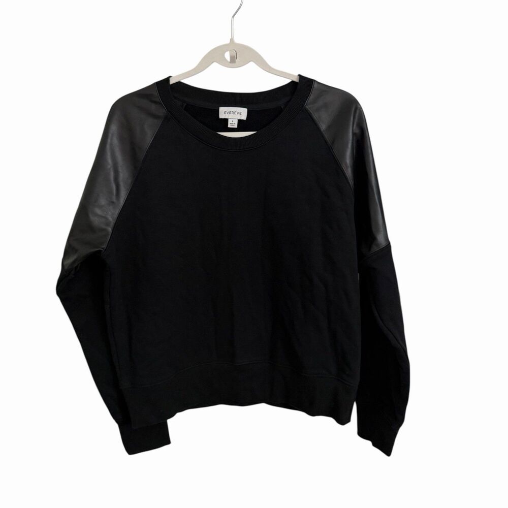 Evereve Black Crewneck Sweatshirt with Faux Leather Shoulder Panels